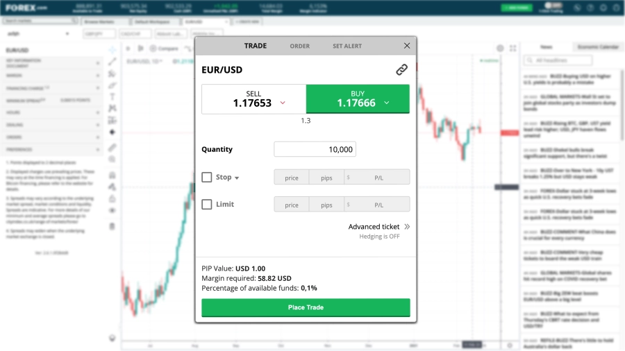 Placing a trade for EUR/USD in the FOREX.com web platform